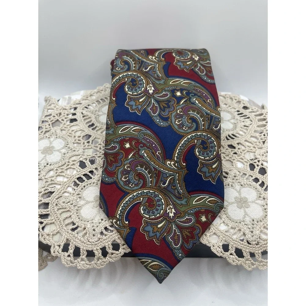 Christian Dior 100% Silk Red Tan‎ & Black Paisley Print Men's Tie